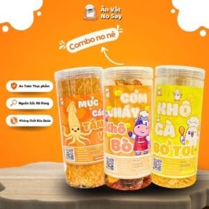 Combo Mực Cán Nguyên Con + Cơm Cháy Khô Bò + Khô Gà Bơ Tỏi 300g - Ăn Vặt No Say